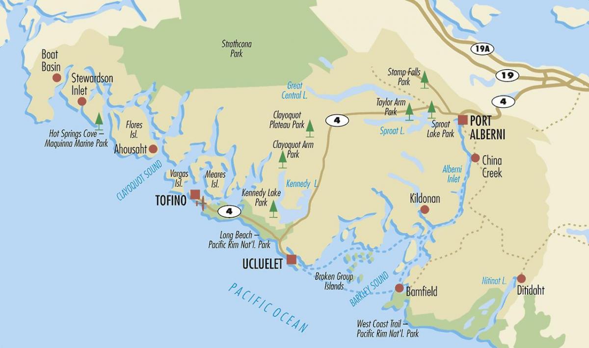 Mapa ucluelet wyspie Vancouver 