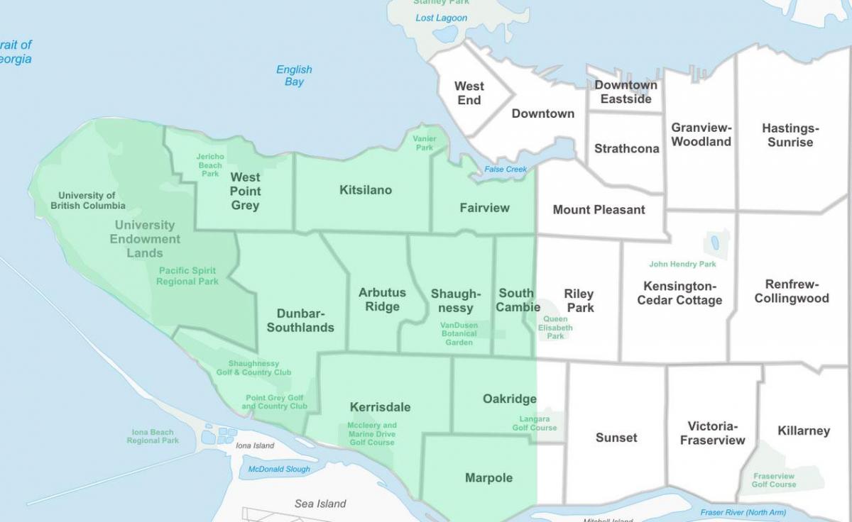 Zachodnim rejonie Vancouver mapie