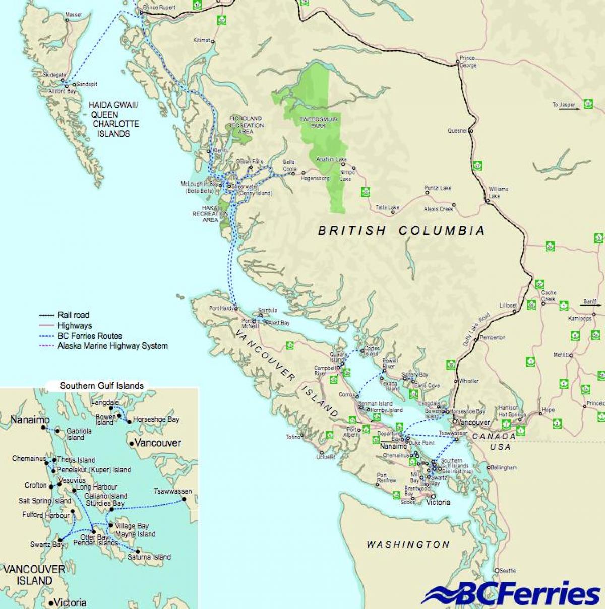 promy Vancouver w Vancouver wyspa na mapie