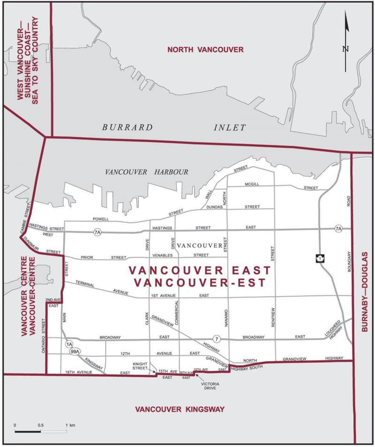 Mapa Wschodnio-Vancouver 