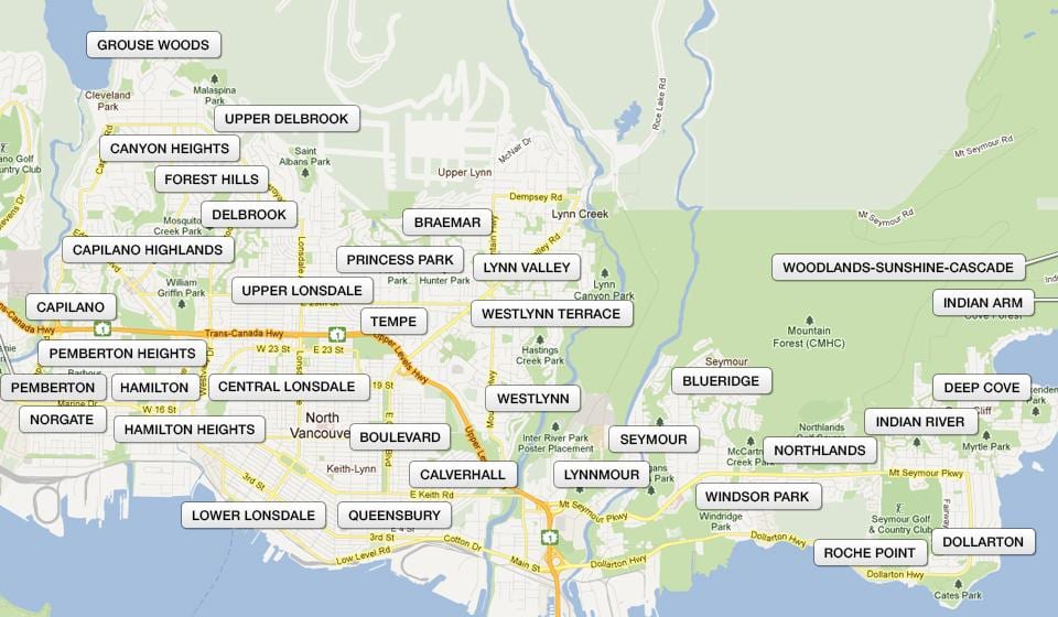 Mapa obszarów North Vancouver