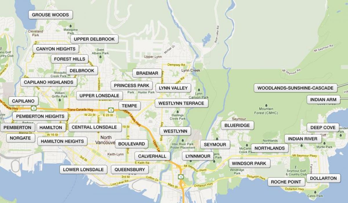 Mapa obszarów North Vancouver 