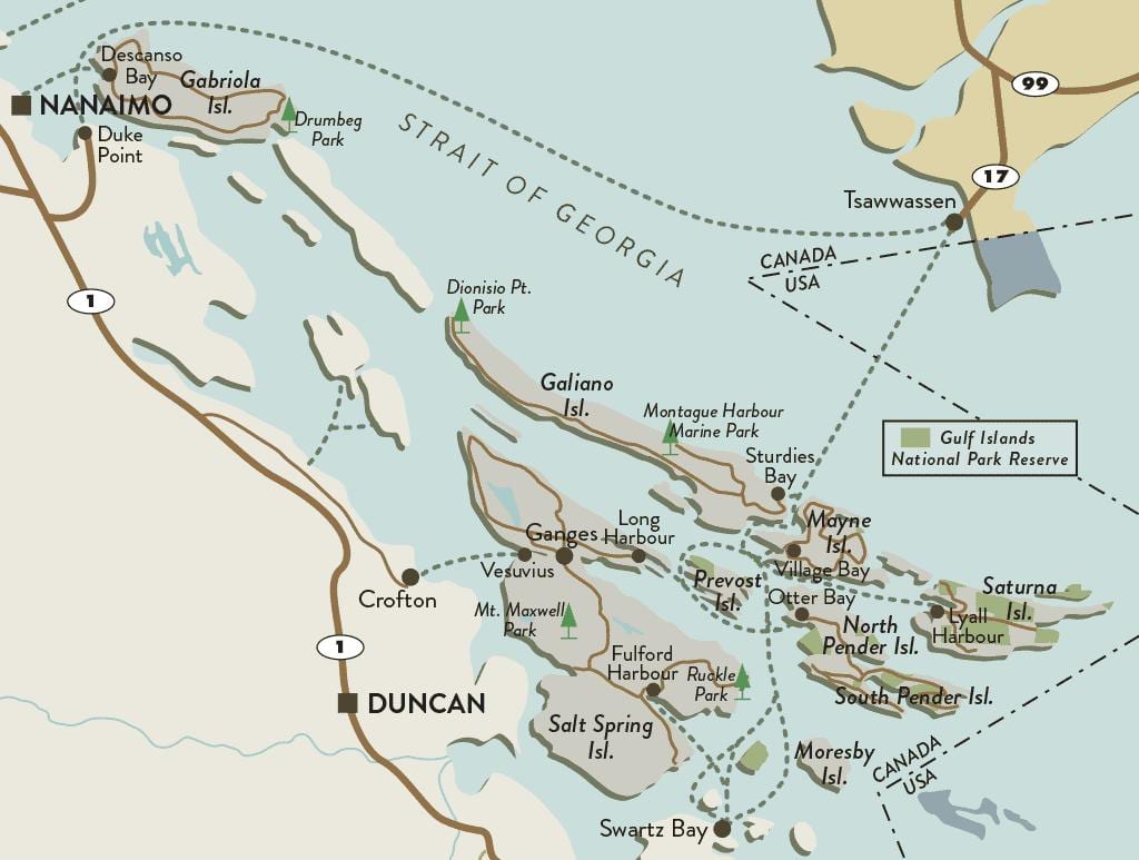 mapa wyspy Vancouver i wysp Gulf