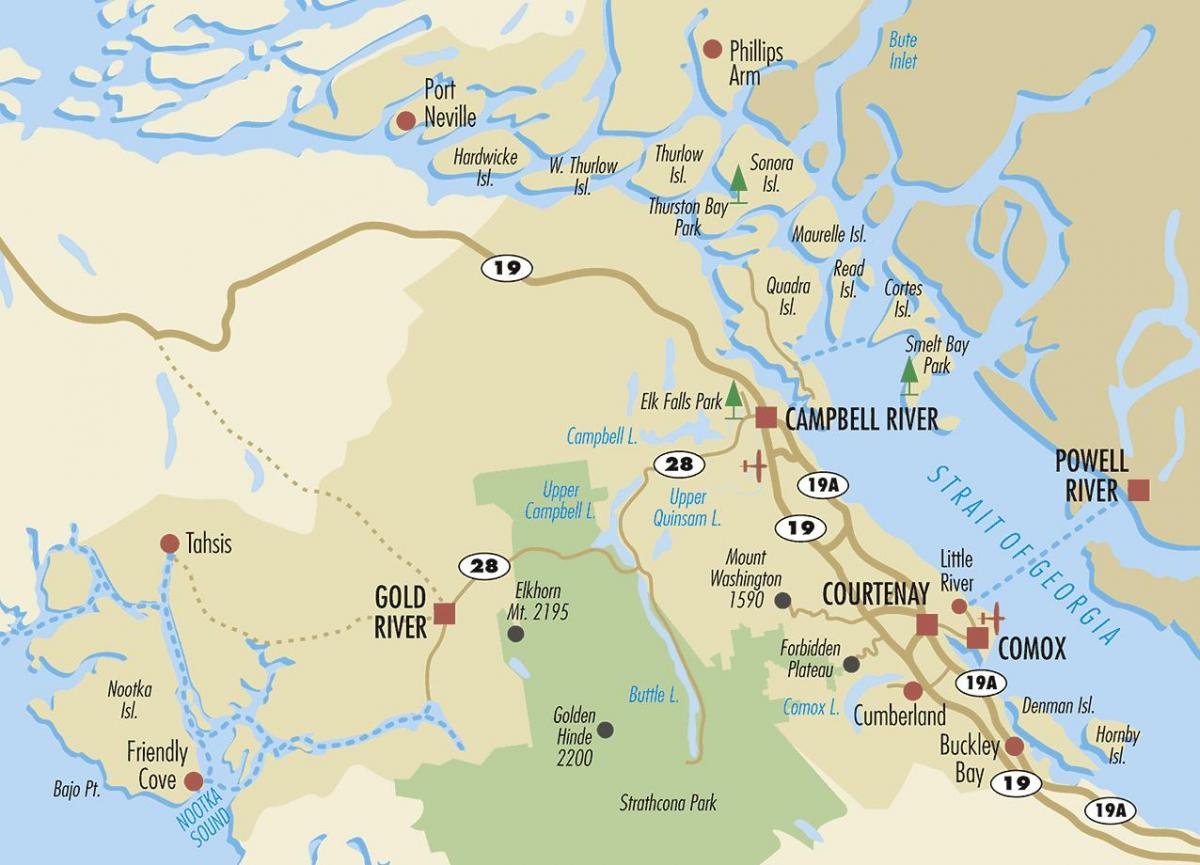 Campbell River na mapie wyspy Vancouver 