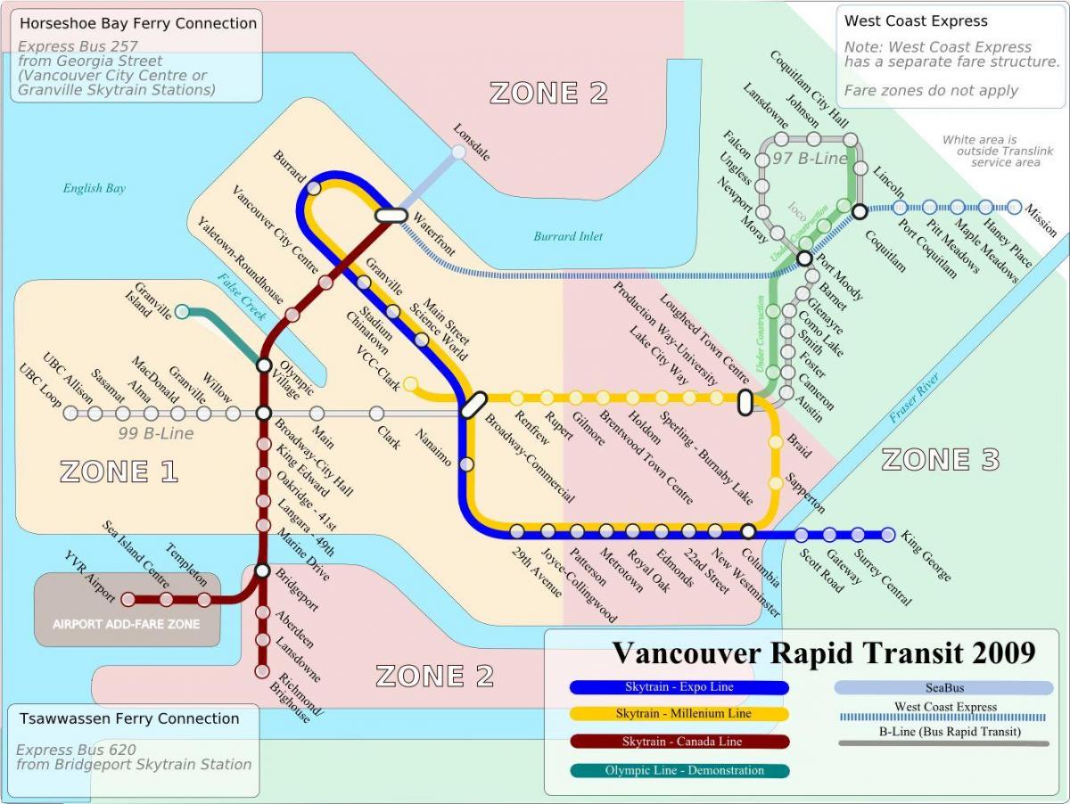 strefy Vancouver kolei miejskiej mapie