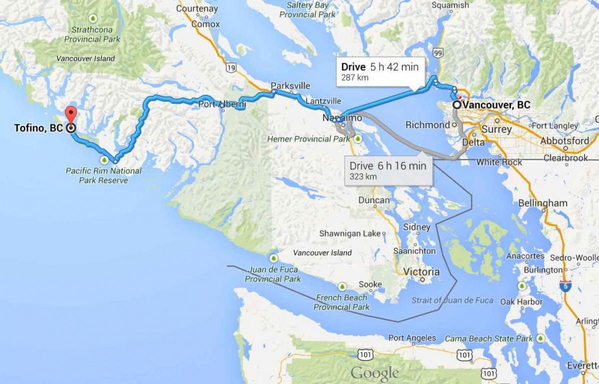 Mapa Tofino na wyspie Vancouver 