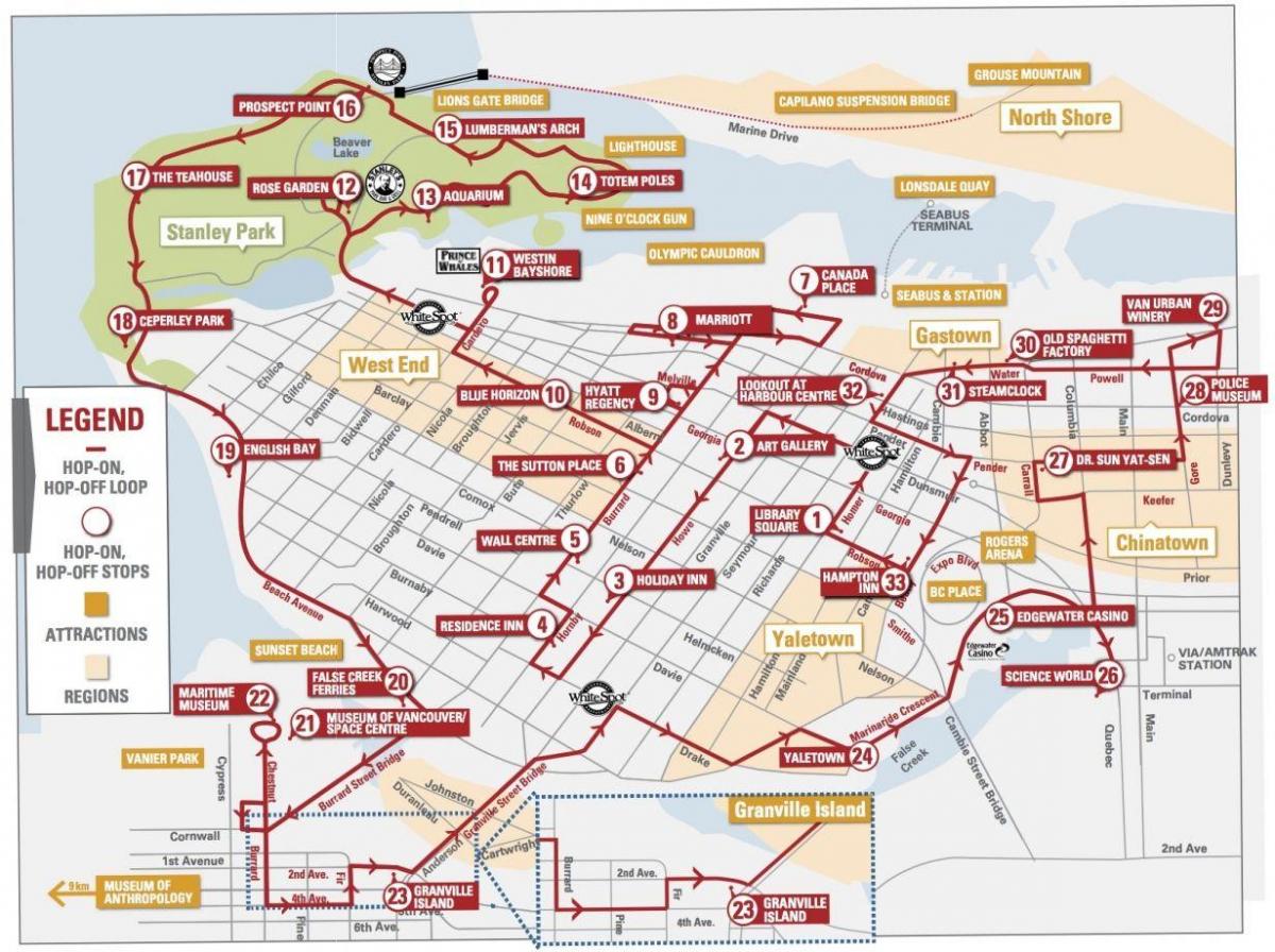 Mapa Vancouver hop-hop-off tramwaj 