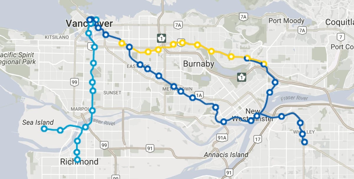 kolei miejskiej tras Vancouver mapa