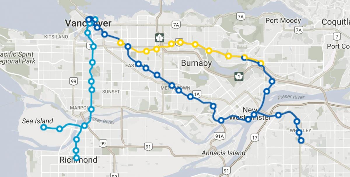 kolei miejskiej tras Vancouver mapa 