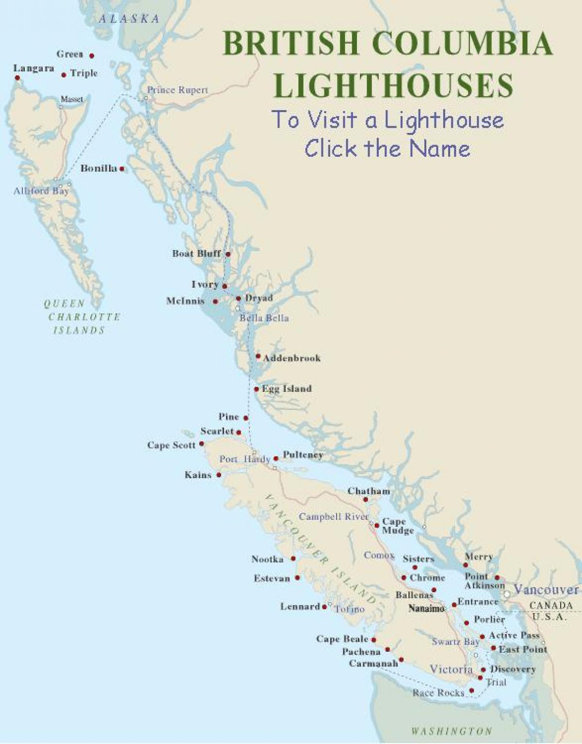 Mapa wyspy Vancouver latarnie
