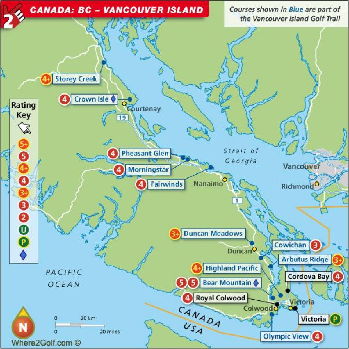 Mapa wyspy Vancouver pól golfowych 