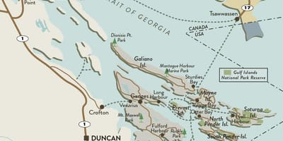 Mapa wyspy Vancouver i wysp Gulf 