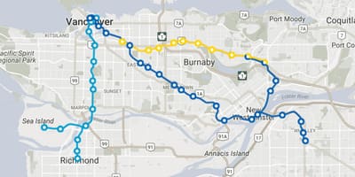 Kolei miejskiej tras Vancouver mapa 